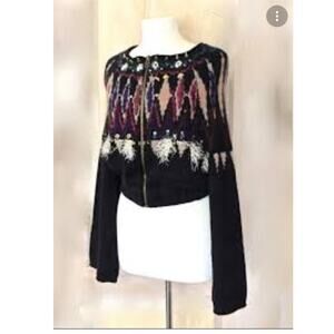 Free People Women Blue Black Embellished Bell Sleeve Full Zip Cardigan Size L